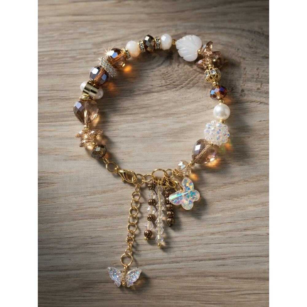 Gold Swarovski Beaded Butterfly Charm Bracelet